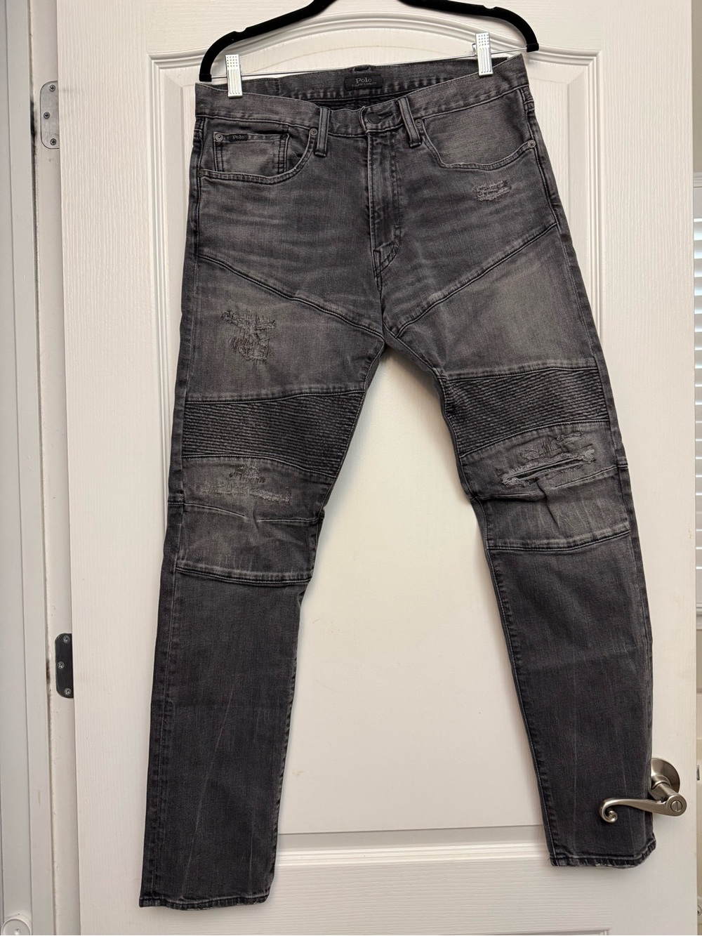 Polo Ralph Lauren Men’s Gray Moto Biker Jeans Distressed Ribbed Knee Panel Y2K
